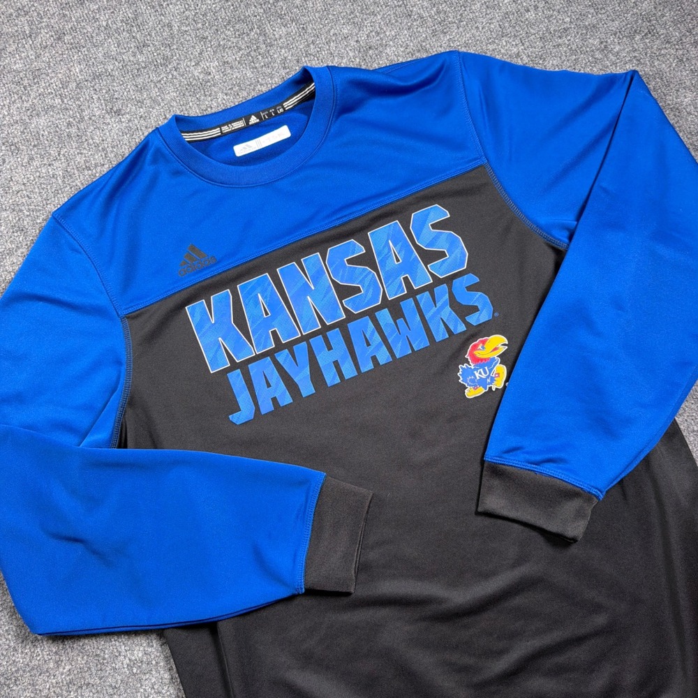 Adidas Kansas Jayhawks Pullover Men L Blue Black Colorblock Long Sleeve